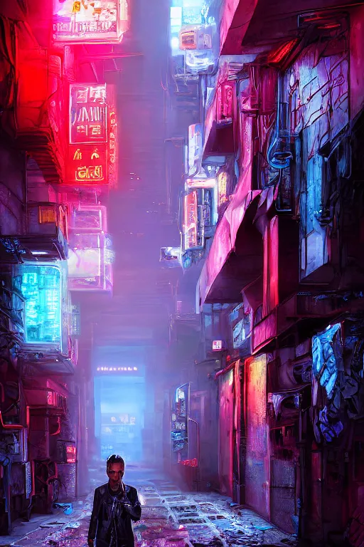 Prompt: fantasy cityscape alleyway digital portrait painting, cyberpunk wallpaper, diffused lighting, with red and blue neon lighting, fog, trash and dumpsters in the alley, made by tae young choi and dang my linh, 8 k dop dof hdr, cyberpunk personage in a punk rock suit standing in the middle of the alley by alexander holllow fedosav