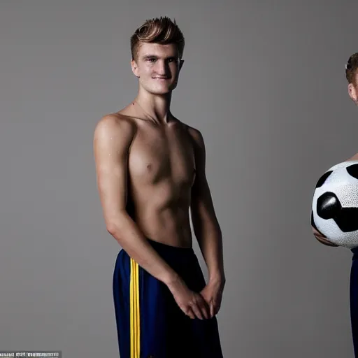 Image similar to a realistic detailed photo of a guy who is an attractive humanoid who is half robot and half humanoid, who is a male android, soccer players martin ødegaard & timo werner, shiny skin, posing like a statue, blank stare, in a living room, on display, showing off his muscles, gold soccer shorts, side view