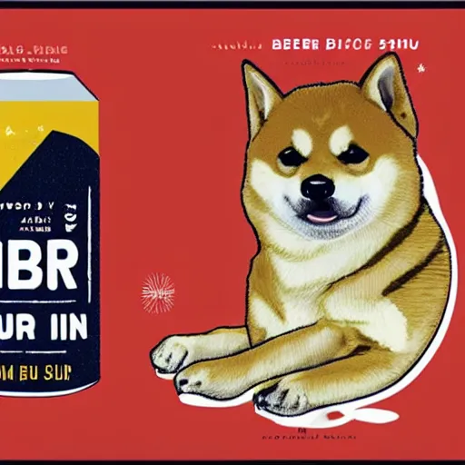 Image similar to a beer can label featuring a shiba inu