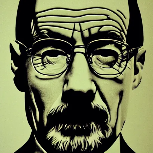 Image similar to !dream a portrait of Walter White, made by Andy Warhol, two tone, very high contrast, only black and white, simplistic, extremely high contrast, two tone, notan art, by Andy Warhol, minimalistic,