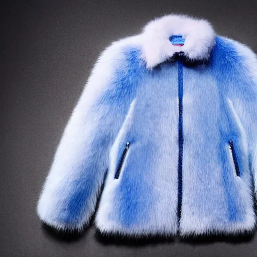 Image similar to an award - winning editorial photo of a nike jacket made of very fluffy blue faux fur : : with a reflective iridescent oversized collar, dramatic lighting, realistic, designed by alexander mcqueen