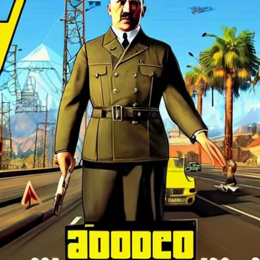 Image similar to adolf hitler on GTA V cover, rockstar games, no text,