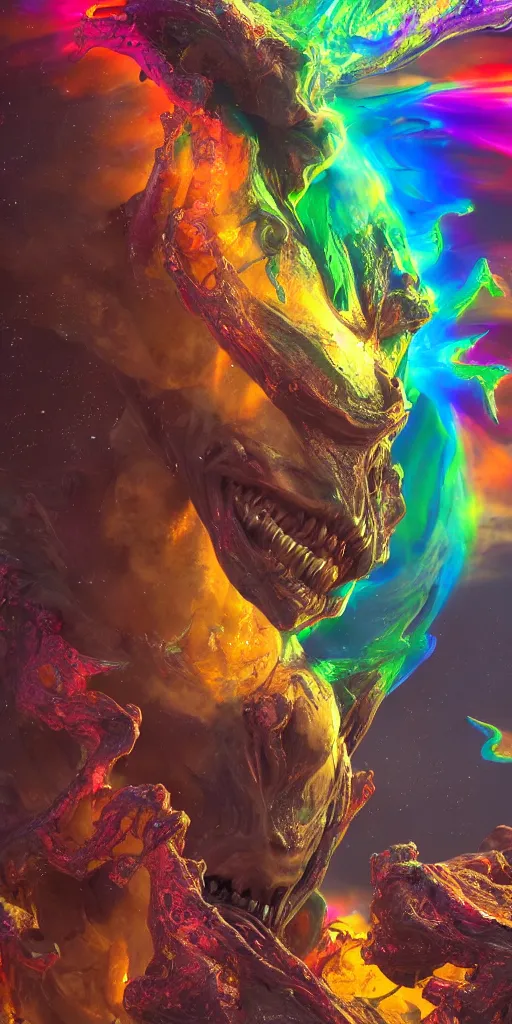 Image similar to impossibly beautiful alien god blots out the sun and unleashes an army of demons on the world, planetary scale, intricate complexity, horror, rainbow drip paint, trending on art station, photoreal, 8k, octane render