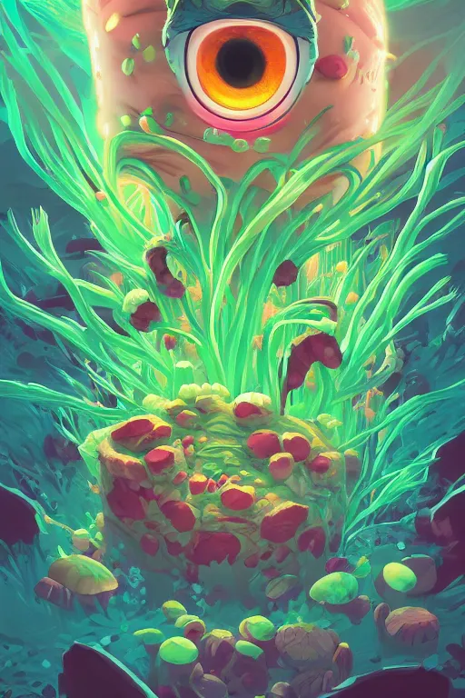 Image similar to roots cactus sushi cristal smurf ghost creature animal sushi cristal very big eye roots cactus elemental flush of force nature micro world fluo fishscale, behance hd by jesper ejsing, by rhads, makoto shinkai and lois van baarle, ilya kuvshinov, rossdraws radiating a glowing aura global illumination ray tracing hdr