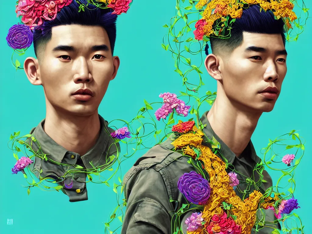 Prompt: colourful vfx art - portrait of south east asian male with military haircut wrapped in flowers & vines, art by hsiao - ron cheng & james jean - presented as magazine collage style, volumetric light, colourful, sharp, detailed, digital painting, illustration, magazine collage, highly detailed, intricate detail, unreal engine, octane render, pinterest, behance, art station