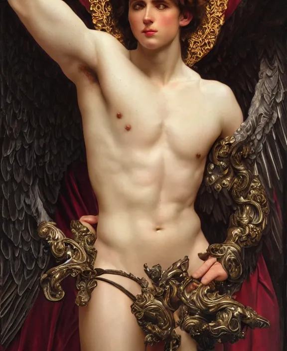 Image similar to a detailed hyperrealistic renaissance male angel wearing an intricate leather garters set, honey birdette, realistic renaissance portrait, highly detailed, digital painting, artstation, concept art, smooth, sharp focus, cinematic lighting, art by artgerm and wlop and alphonse mucha and jacques louis david and john william godward