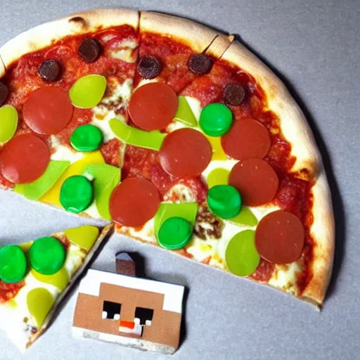 Prompt: pizza with minecraft toppings