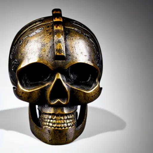 Image similar to skull with a ancient japanese samurai helmet, old bronze statue, intricate detail, full shot, museum lighting, ultra detailed,