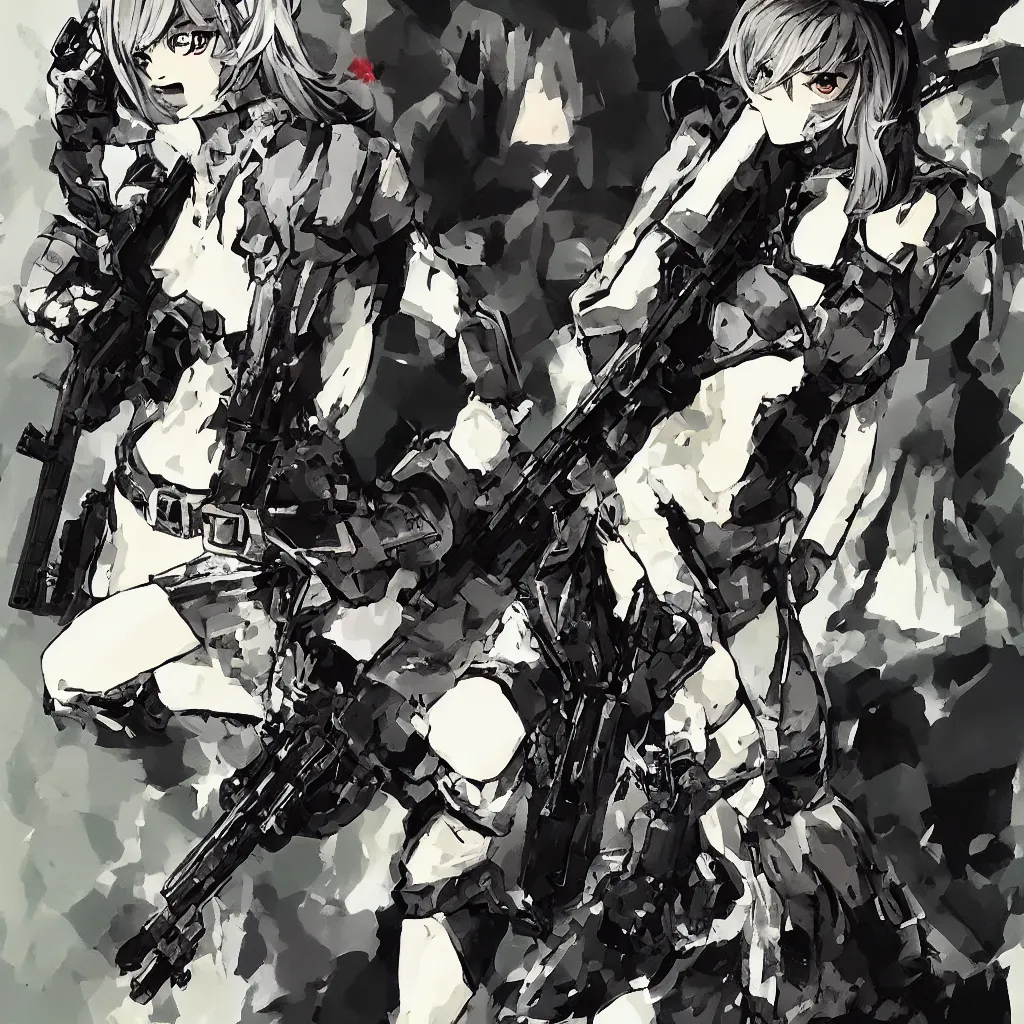 Image similar to girl silver hair, holding a gun and posing, trending on artstation, illustration by Yoji Shinkawa