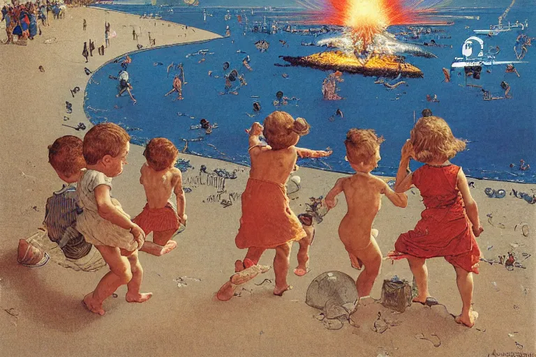 Image similar to children playing at the beach, huge atomic explosion in the background, view from above, detailed, by norman rockwell, by mattias adolfsson, by moebius, oil on canvas,