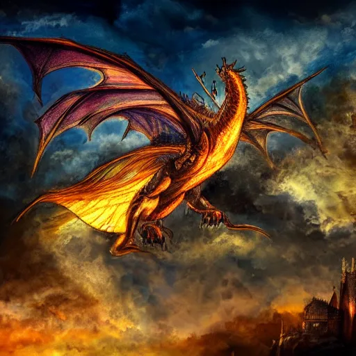 Image similar to a majestic , magnificent fire breathing dragon flying over a medieval castle under a dark starred sky, dark fantasy, watercolor, dreaming illusion, highly detailed, 4k, trending on Artstation, award-winning