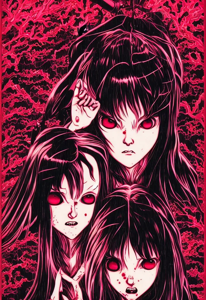 Image similar to a comic book style japanese horror poster of vampire girl with large eyes by dan mumford, yusuke murata and junji ito, blood lines, yokai, shinigami, eyes, shurikens, kanji, synthwave, 8k, unreal engine, trending on artstation, pixiv, intricate details, volumetric lighting