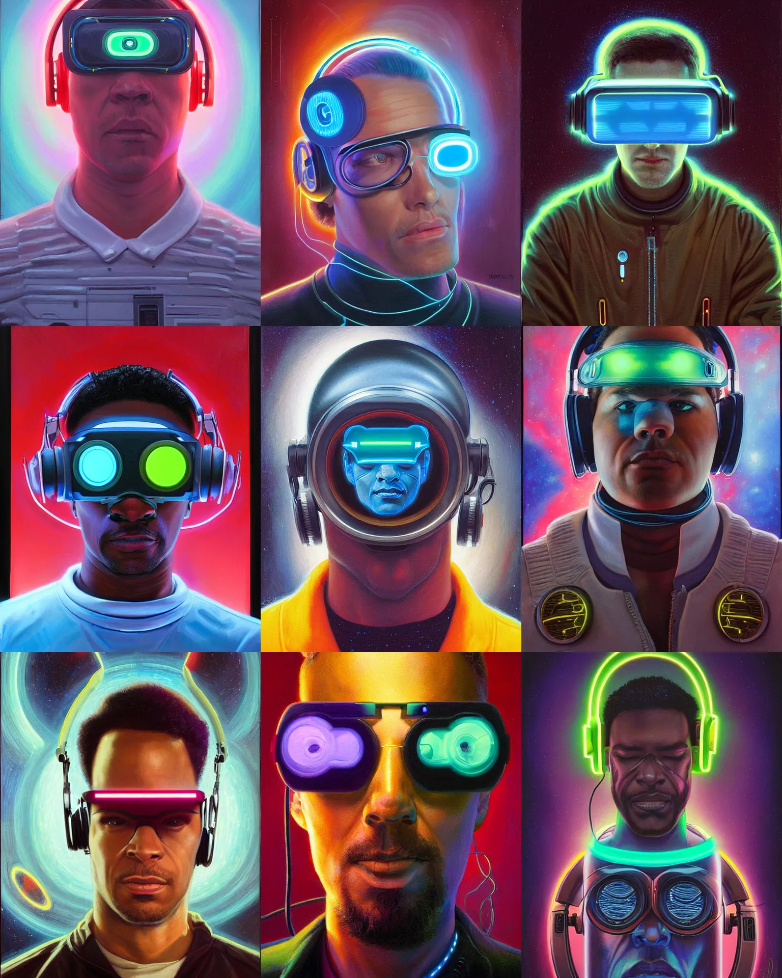 Prompt: three quarters view portrait neon cyberpunk programmer with glowing geordi cyclops visor over eyes and sleek headphones headshot desaturated painting by donato giancola, dean cornwall, rhads, tom whalen, alex grey astronaut fashion photography