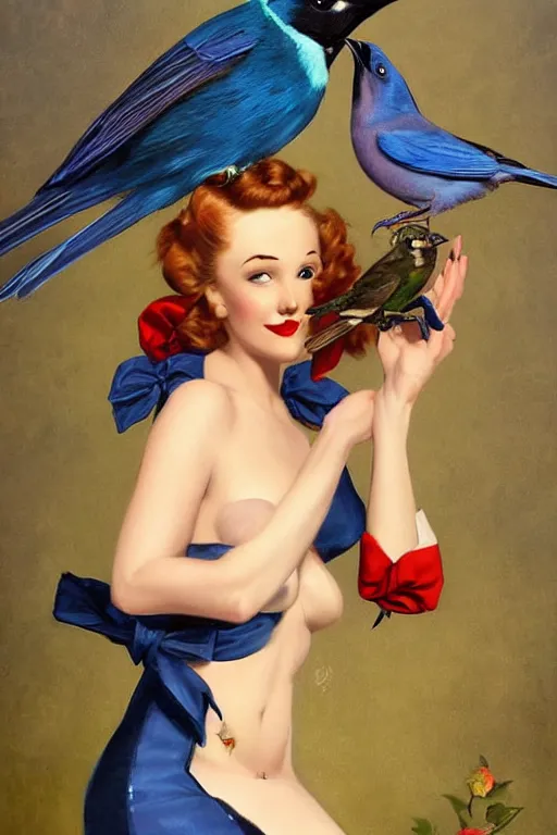 Prompt: pinup girl holding an indigo bunting, bird, the bird is wearing a bowtie by greg rutkowski, rossdraws, gil elvgren, enoch bolles, anime, porcelain skin, glistening, very coherent, hyper realistic painting