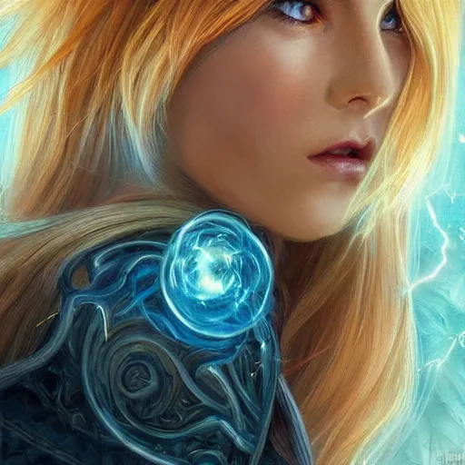 Prompt: a human wizard casting a spell, female, blonde and auburn two toned hair, crackling blue lightning, fantasy, d & d, intricate, elegant, highly detailed, digital painting, artstation, concept art, matte, sharp focus, illustration, in the style of magic the gathering, art by artgerm and greg rutkowski and alphonse mucha