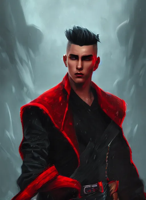 Image similar to An epic fantasy comic book style portrait painting of a young man with black undercut haircut, wearing red clothes, black overcoat, blue jeans. Unreal 5, DAZ, hyperrealistic, octane render, cosplay, RPG portrait, dynamic lighting