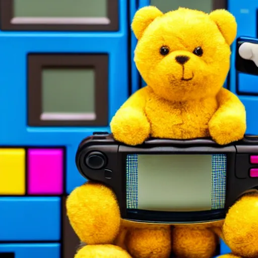 Prompt: Cute yellow teddy bear holding a Game Boy in its paws, playing Tetris.