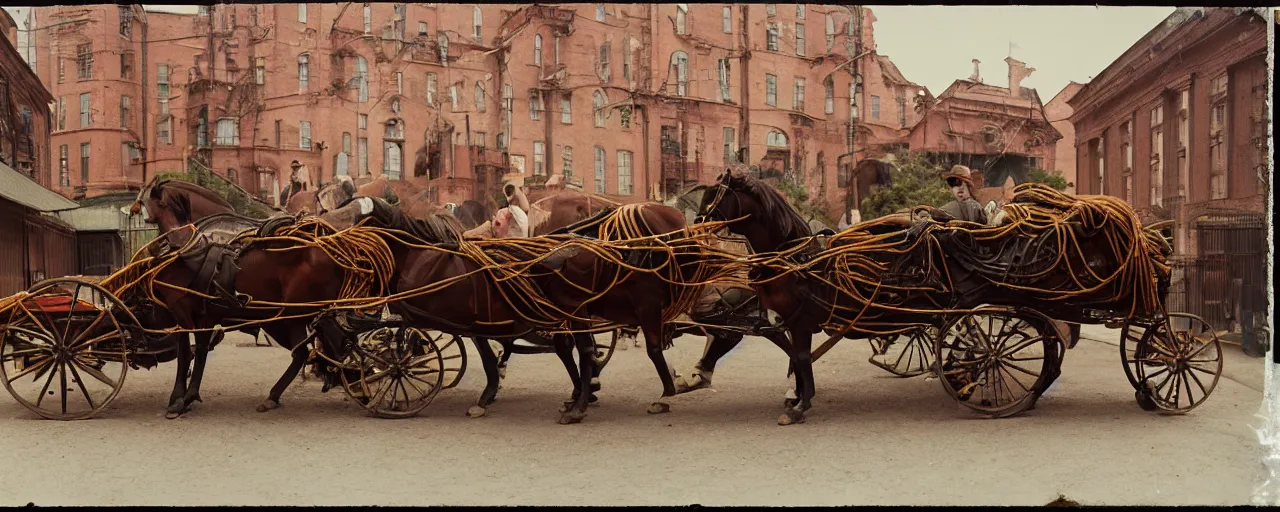 Image similar to 1 8 0 0 s horse drawn carriage carrying piles of spaghetti to a factory, daguerreotype, ultra - realistic faces, fine detail, anon 5 0 mm, wes anderson, kodachrome, retro