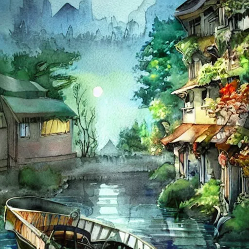 Image similar to Beautiful happy picturesque charming sci-fi town in harmony with nature. Beautiful light. Water and plants. Nice colour scheme, soft warm colour. Beautiful detailed artistic watercolor by Lurid. (2022)