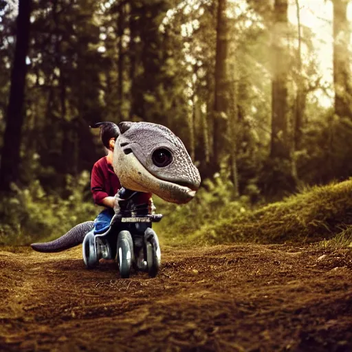 Image similar to young boy riding a cute little dinosaur with long fur, portrait, pixar style, forest background, cinematic lighting, award winning creature portrait photography