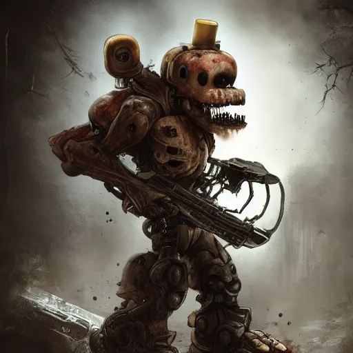 Image similar to Scary anthropomorphic Freddy (Five Nights at Freddy's) in Gears of War cover art, ultra wide lens shot, pretty, beautiful, DnD character art portrait, matte fantasy painting, eerie, DeviantArt Artstation, by Jason Felix by Steve Argyle by Tyler Jacobson by Peter Mohrbacher, cinematic lighting