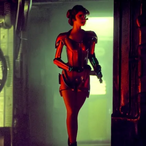 Prompt: Ana de Armas as gorgeous flirty gynoid in doorway in Blade Runner,