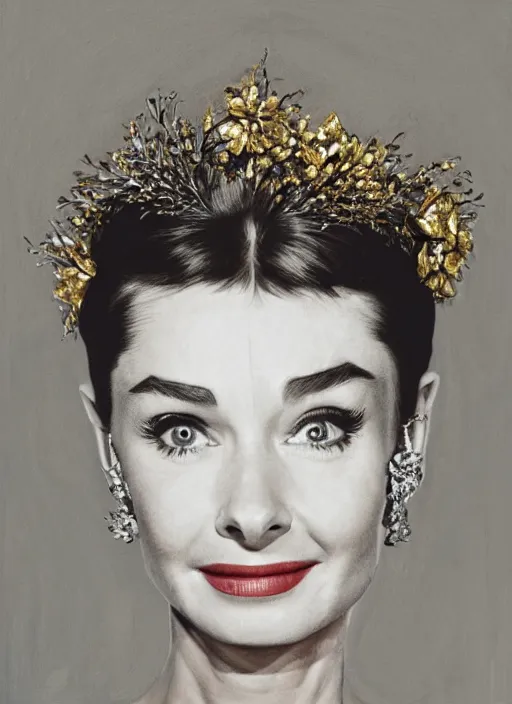 Image similar to an oil on canvas face and shoulders portrait! face-close-up of Audrey Hepburn as Galadriel , wavy hair covered by an orchid floral crown. The royal dress is made of intricate gold and silver threads with jewellery, composing complex geometrical patterns, zenithal lighting, shot on 70 mm, by Alina Ivanchenko and Hirothropologie and Patrick DeMarchelier .