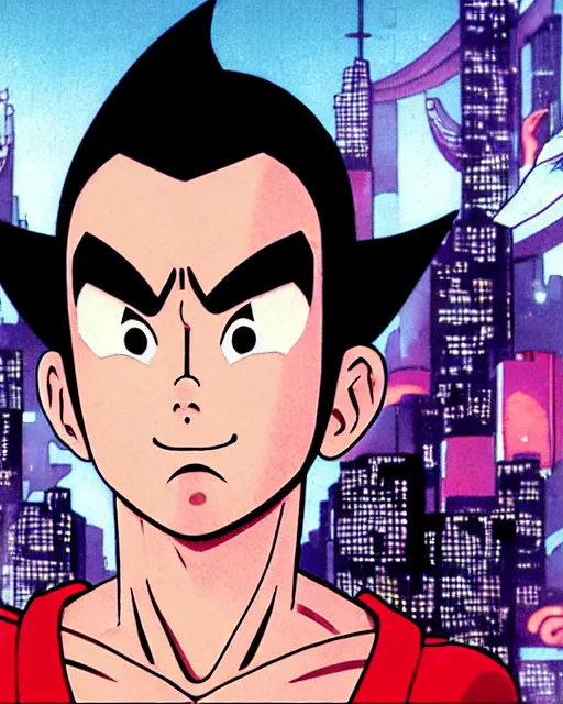 Image similar to a close up portrait of Astro boy in the style of Goku, weapon on a ready looking determined overlooking a cyberpunk city in the background, full face portrait composition, 2D drawing by Mike Mignola, Yoji Shinkawa, flat colors, chiaroscuro