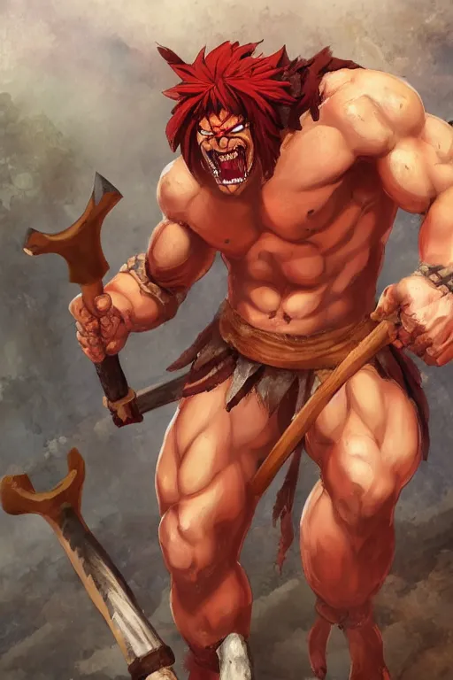 Image similar to muscular red skinned oni barbarian wearing a tattered loincloth and holding two axes, detailed, portrait, makoto shinkai