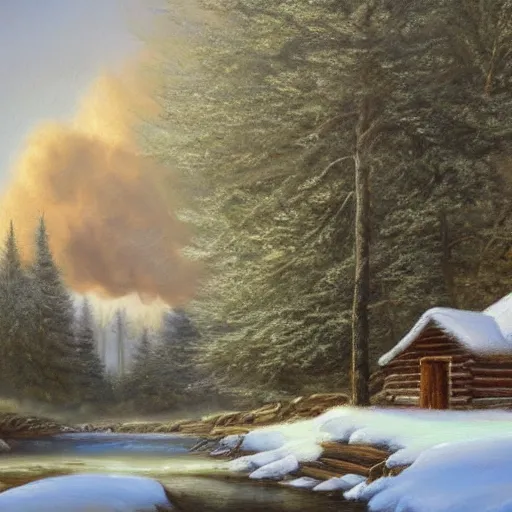 Prompt: beautiful oil painting, snowy woodland meadow, log cabin, smoke billowing from chimney, water stream, water wheel, oak trees, pine trees, mild breeze wind, snow on trees and ground, mountain in background, high detailed