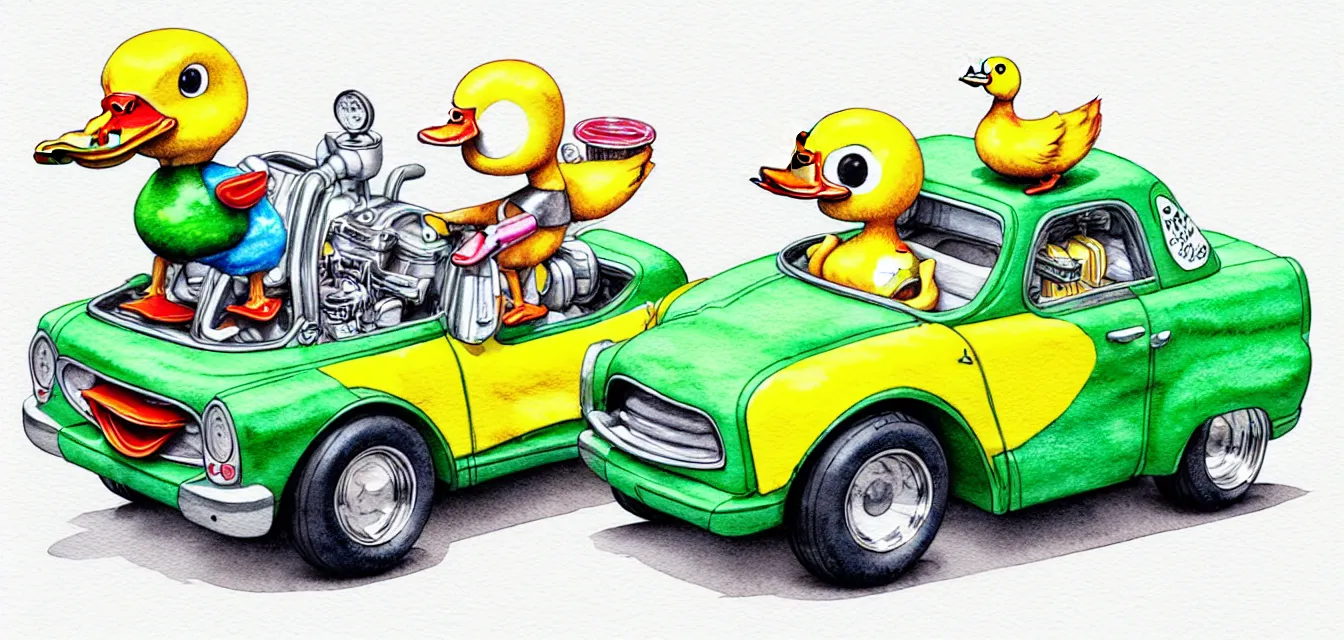 Prompt: cute and funny, duck riding in a tiny hot rod with oversized engine, ratfink style by ed roth, centered award winning watercolor pen illustration, isometric illustration by chihiro iwasaki, edited by range murata, tiny details by artgerm and watercolor girl, symmetrically isometrically centered