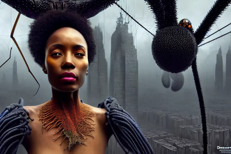 Prompt: realistic detailed photorealistic portrait movie shot of a beautiful black woman with a giant spider, dystopian city landscape background by denis villeneuve, amano, yves tanguy, alphonse mucha, ernst haeckel, david lynch, edward robert hughes, roger dean, cyber necklace, rich moody colours, wide angle