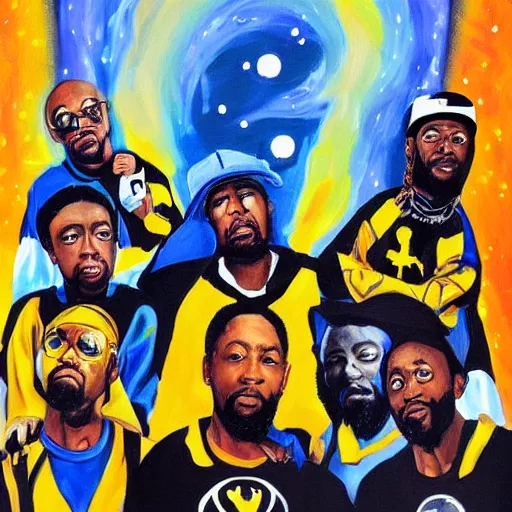 Prompt: a messy painting of the Wu-Tang Clan in space