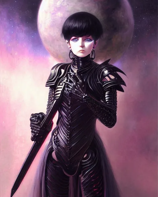 Image similar to portrait of beautiful cute young goth girl with short white hairs in warhammer armor, art by ( ( ( kuvshinov ilya ) ) ) and wayne barlowe and gustav klimt and artgerm and wlop