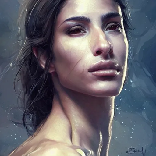 Prompt: a very beautiful portrait of muscular model sarah shahi, very beautiful face, pretty face, very detailed eyes, muscular, by wlop, greg rutkowski, simon bosley