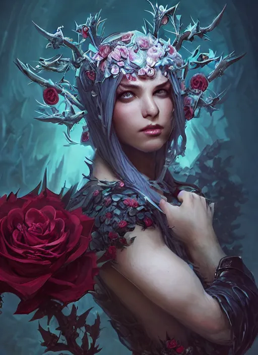 Prompt: beautiful necromancer surrounded by thorns and roses, attractive face, photo by alexey gurylev, high detail, clear focus, concept art, league of legends, shumolly style, monable, artgerm, greg rutkowski, zeronis, pilen and ruan jia