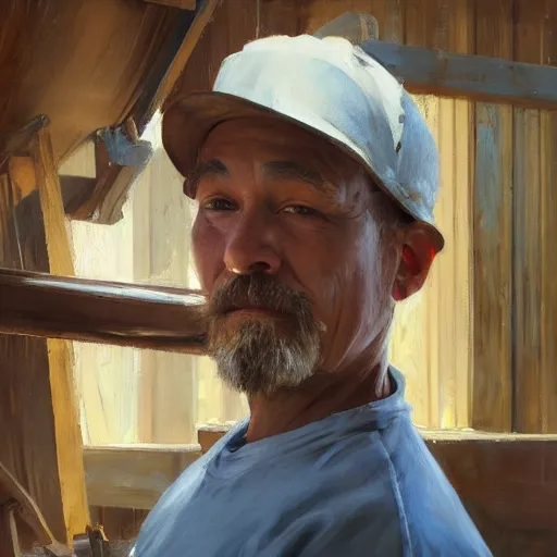 Image similar to greg manchess portrait painting of simple carpenter fine woodworker | building a wooden table in their well organized clean workshop, medium shot, asymmetrical, profile picture, organic painting, sunny day, matte painting, bold shapes, hard edges, street art, trending on artstation, by huang guangjian, gil elvgren, ruan jia, randy vargas, greg rutkowski
