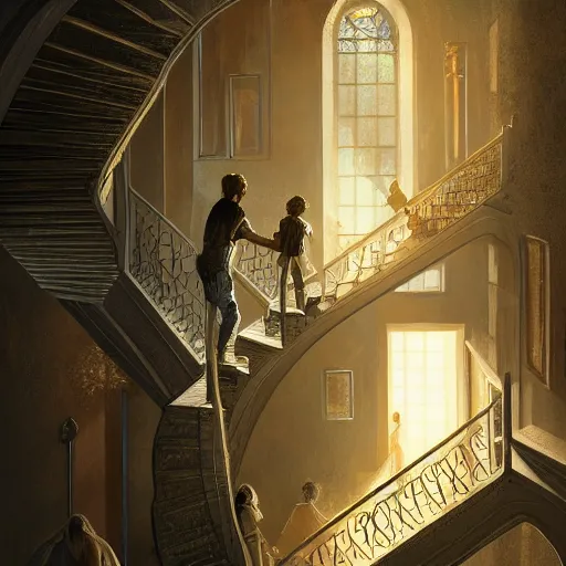 Image similar to a man going into heaven with his wife and children through stairs which is connecting magical world to heaven, realistic, concept art trending on artstation, glowing effect, golden ratio, rule of thirds, illustration, digital painting, hyperreal, hyperdetailed, 8k