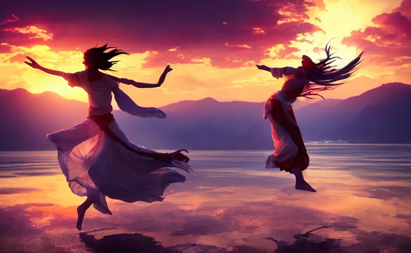 Prompt: Himalayan mage dancing on water, beautiful flowing fabric, sunset, dramatic angle, dynamic pose, 8k hdr pixiv dslr photo by Makoto Shinkai ilya kuvshinov and Wojtek Fus