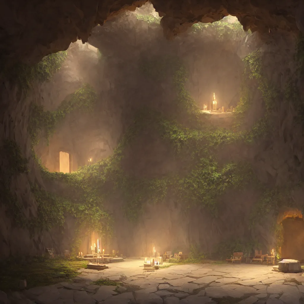 Image similar to ground floor of secret overwatch common area carved inside a cave, doors to various living quarters, magical, natural light, huge central tree, flowers, candle light, cinematic lighting, clean lines, cozy, fantasy, minimalist architecture, sharp focus, concept art, octane render 4 k, artstation, by greg rutkowski