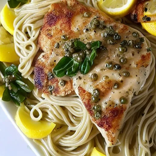 Image similar to photograph of Chicken Piccata with angel hair noodles, lemons, creamy sauce and capers from Cheesecake Factory