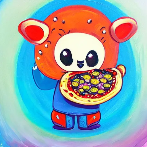 Prompt: an adorable and cute jeremiah ketner acrylic impasto! painting! of a crying, sad raccoon eating pizza