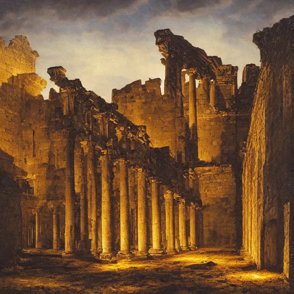Prompt: Eerie illuminated nighttime Roman ruins, painted by Ippolito Caffi, golden hour, bewitching