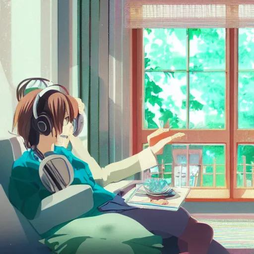 Prompt: girl sits on the sofa and listens to music, the sun shines through the window, by kyoto animation