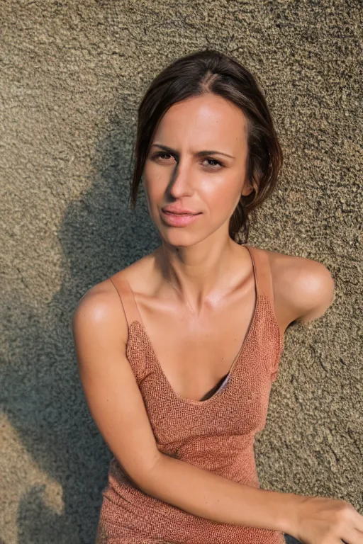 Image similar to olive skinned female model in her thirties, wearing sundress, looking content, focused on her neck, photo realistic, extreme detail skin, natural beauty, no filter, slr, golden hour, 4 k, high definition, selfie