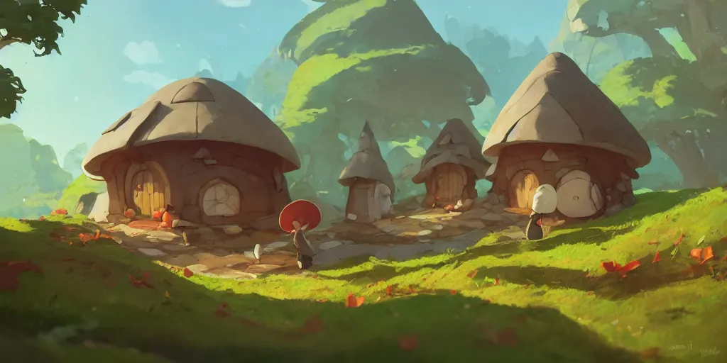 Image similar to small hobbit mushroom houses by cory loftis & akihiko yoshida & james gilleard & atey ghailan & makoto shinkai & goro fujita & studio ghibli, rim light, exquisite lighting, clear focus, very coherent, plain background, soft painting, photorealistic, unreal engine 5, 4 k