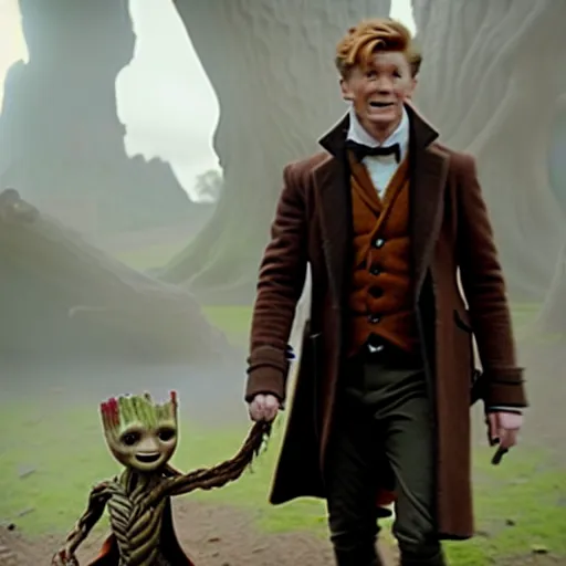 Image similar to newt scamander walking hand in hand with baby groot from guardians of the galaxy, film still from the movie, directed by david yates