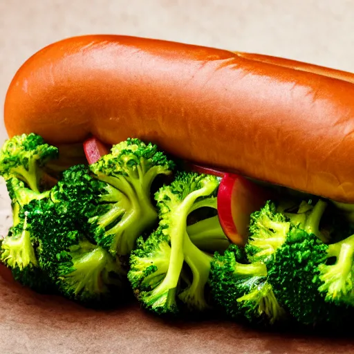 Image similar to photo shoot portrait of a delicious hot dog, broccoli and apple on top, mustard,