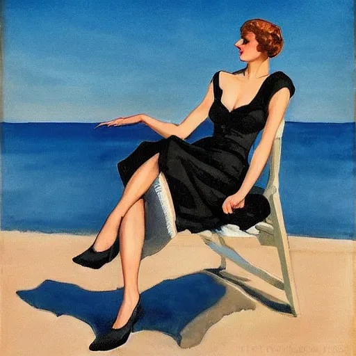 Prompt: woman in black dress on the beach, pretty face, black shoes, leyendecker style