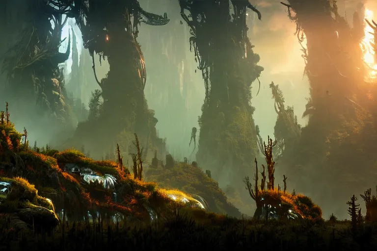 Image similar to wide epic shot from horizon forbidden west. a hyper detailed organic mechanic creatuve realistic similar look as horizon forbidden west horizon zero dawn, bioluminiscence in a dark deep forest at dawn in spring, with reflection and textures, by kilian eng, substance painter reaslitic mech surface metal painted scratches, world env from horizon forbidden west horizon zero dawn